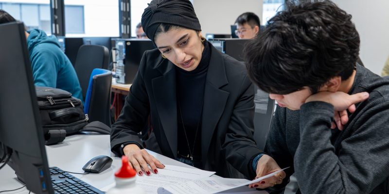 Two persons at a desk learning together