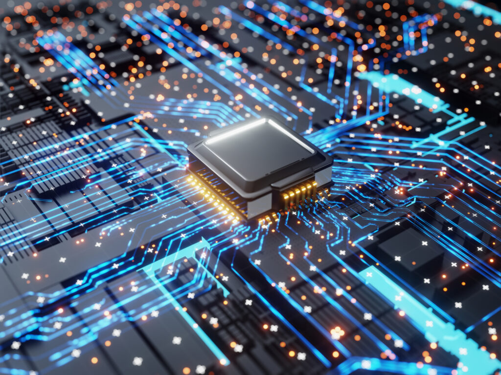 Chip on dark blue circuit board